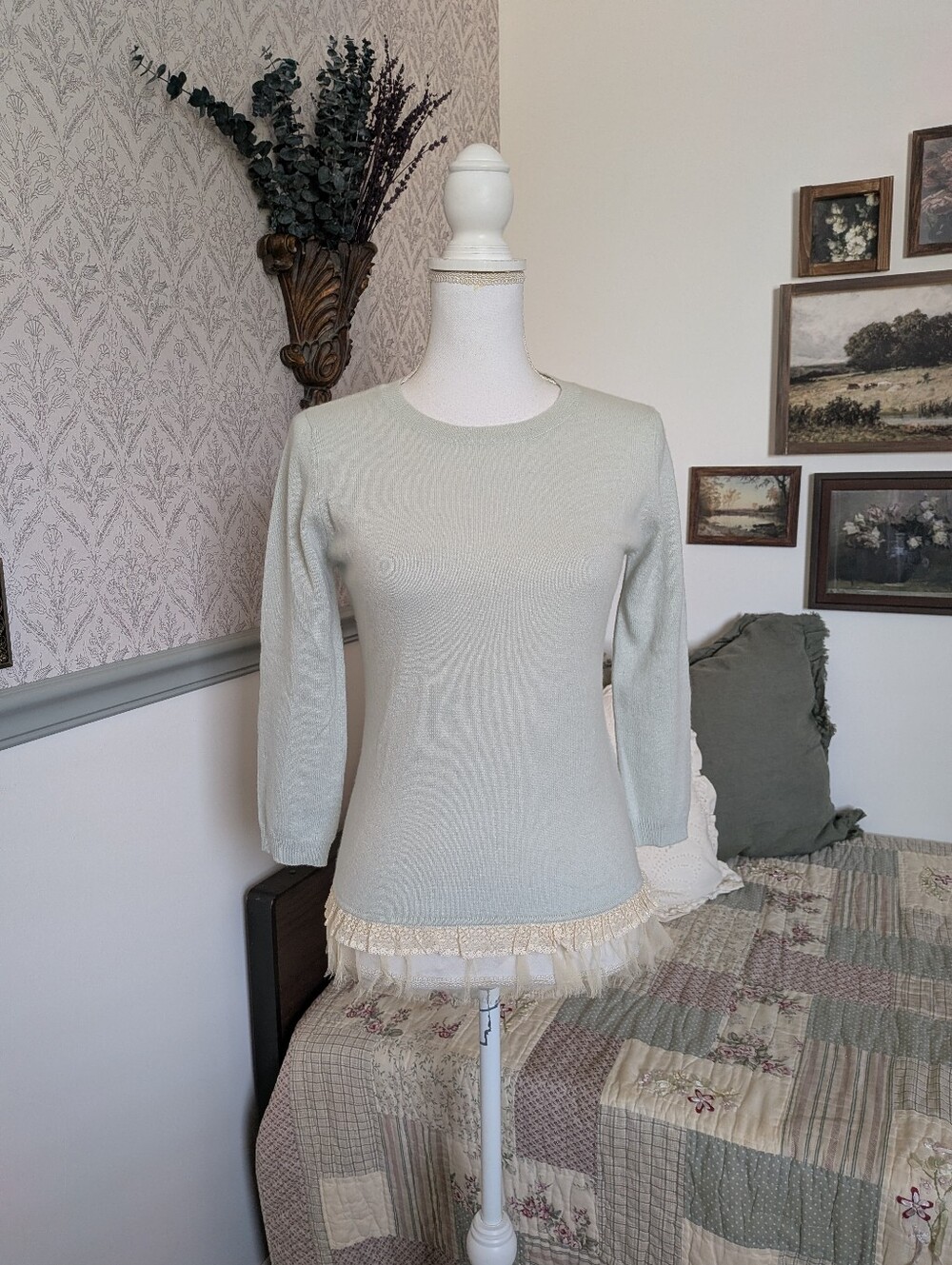 Juicy Couture 100% Cashmere Lace Trim Sweater Top Mint S Y2K Romantic